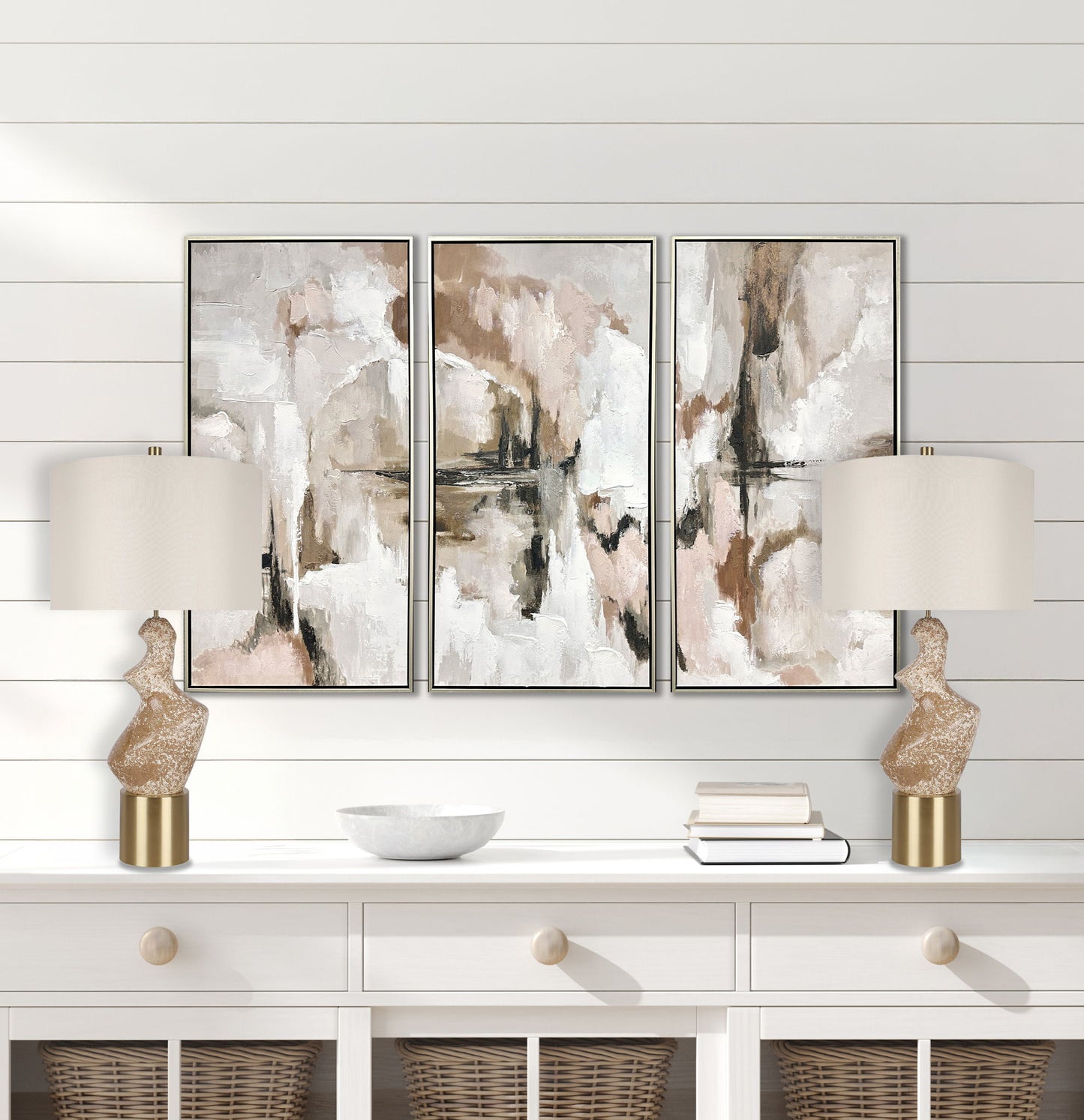 "Sculptural Serenity" Ceramic Table Lamp (Set of 2) - Stone / Soft Gold