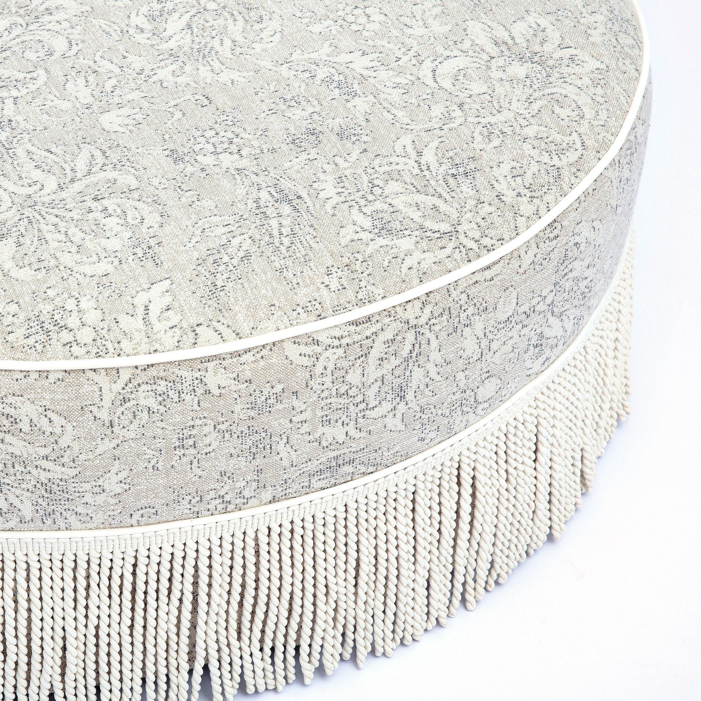 Tassy - Floral Tasseled Round Ottoman - Neutral