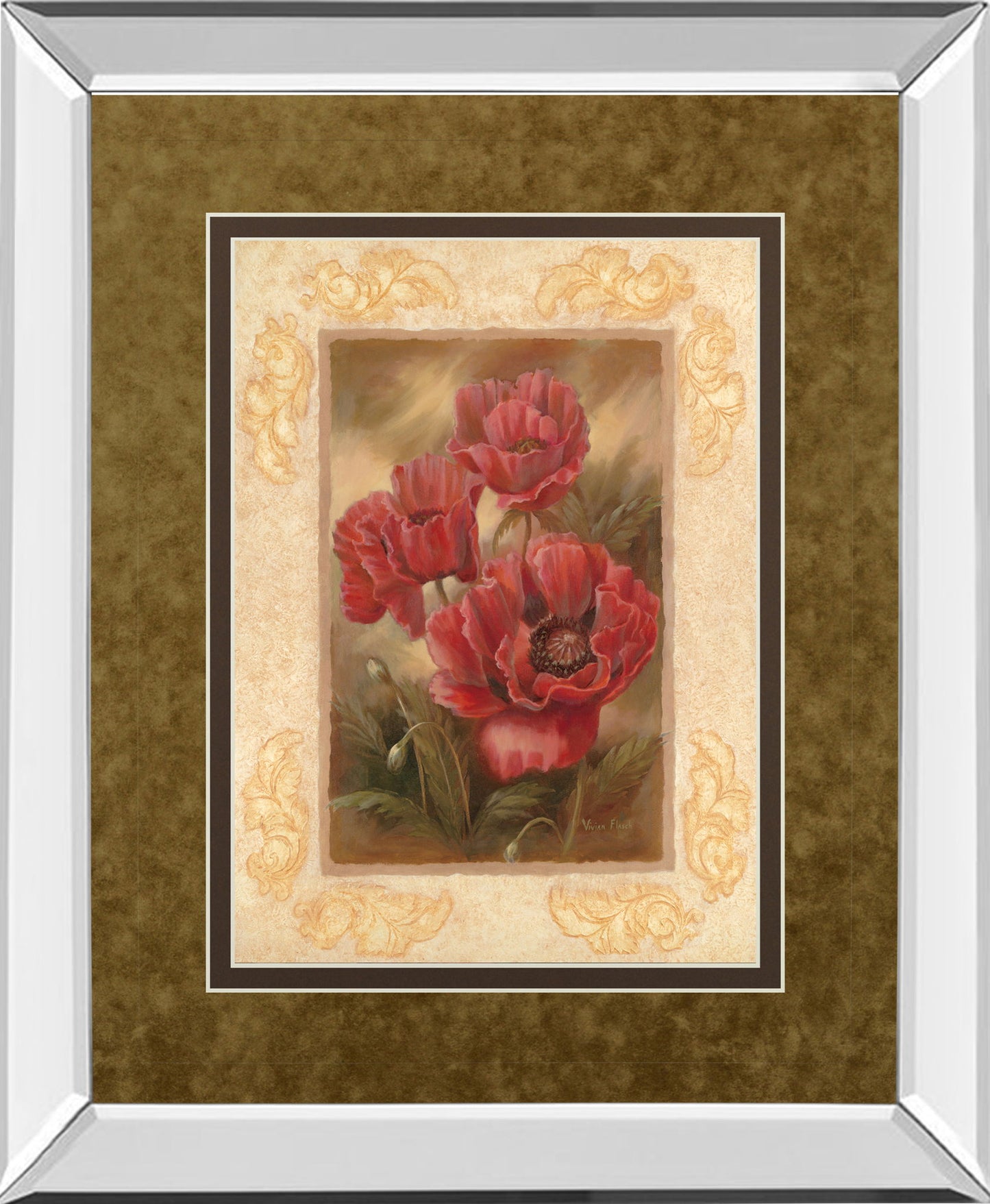 Daphne's Poppies By Vivian Flasch - Mirror Framed Print Wall Art - Light Brown