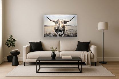 Dusted Plains Longhorn - 32" x 47" Framed Wall Art - Beige