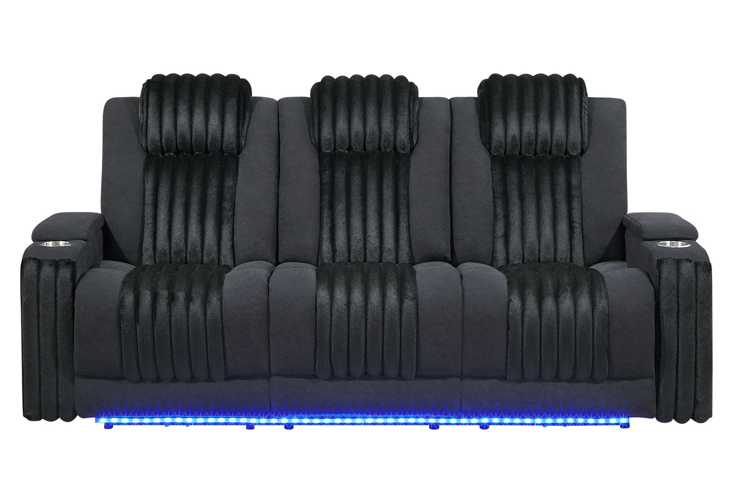 U8000 - Power Reclining Sofa With Power Headrest, Dropdown Table With Wood Trim & Reading Light & LED Light - Black