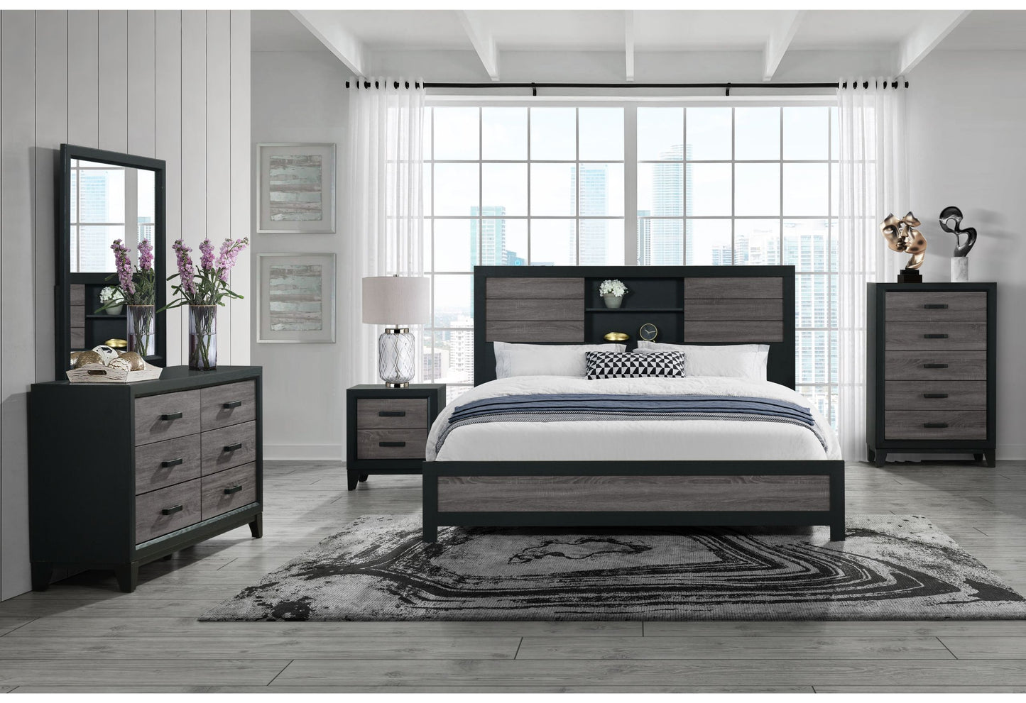 Lisbon - 5 Piece Queen Bookcase Bedroom Set - Gray / Black