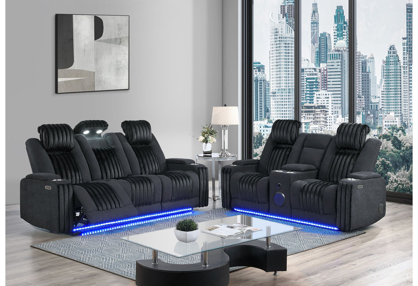 U8000 - 2 Piece Living Room Set (Power Console Reclining Loveseat, Power Reclining Sofa With Power Headrest) - Black