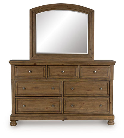 Feddinger - 5 Pc. - Queen Sleigh Storage Bed, Dresser, Mirror, Chest And Nightstand - Medium Brown