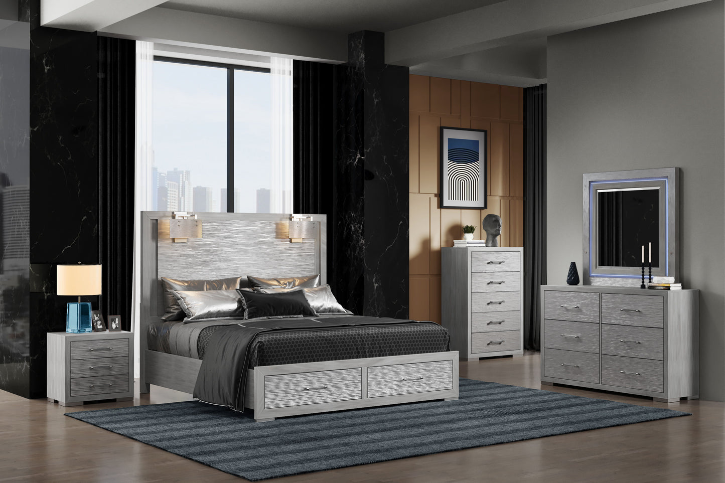 Tiffany - 5 Piece Queen Bedroom Set - Silver