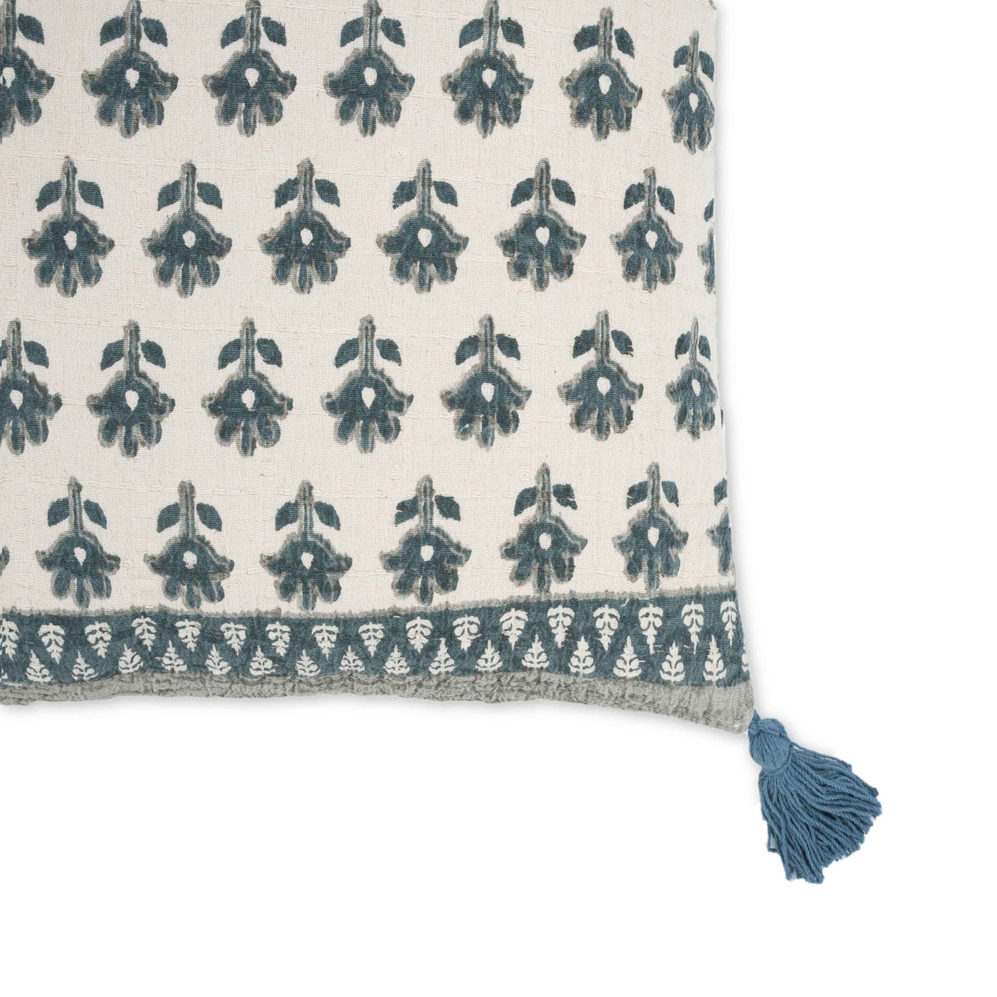 Blossom - 20" Printed Cotton Tassel Accent Cushion - Blue