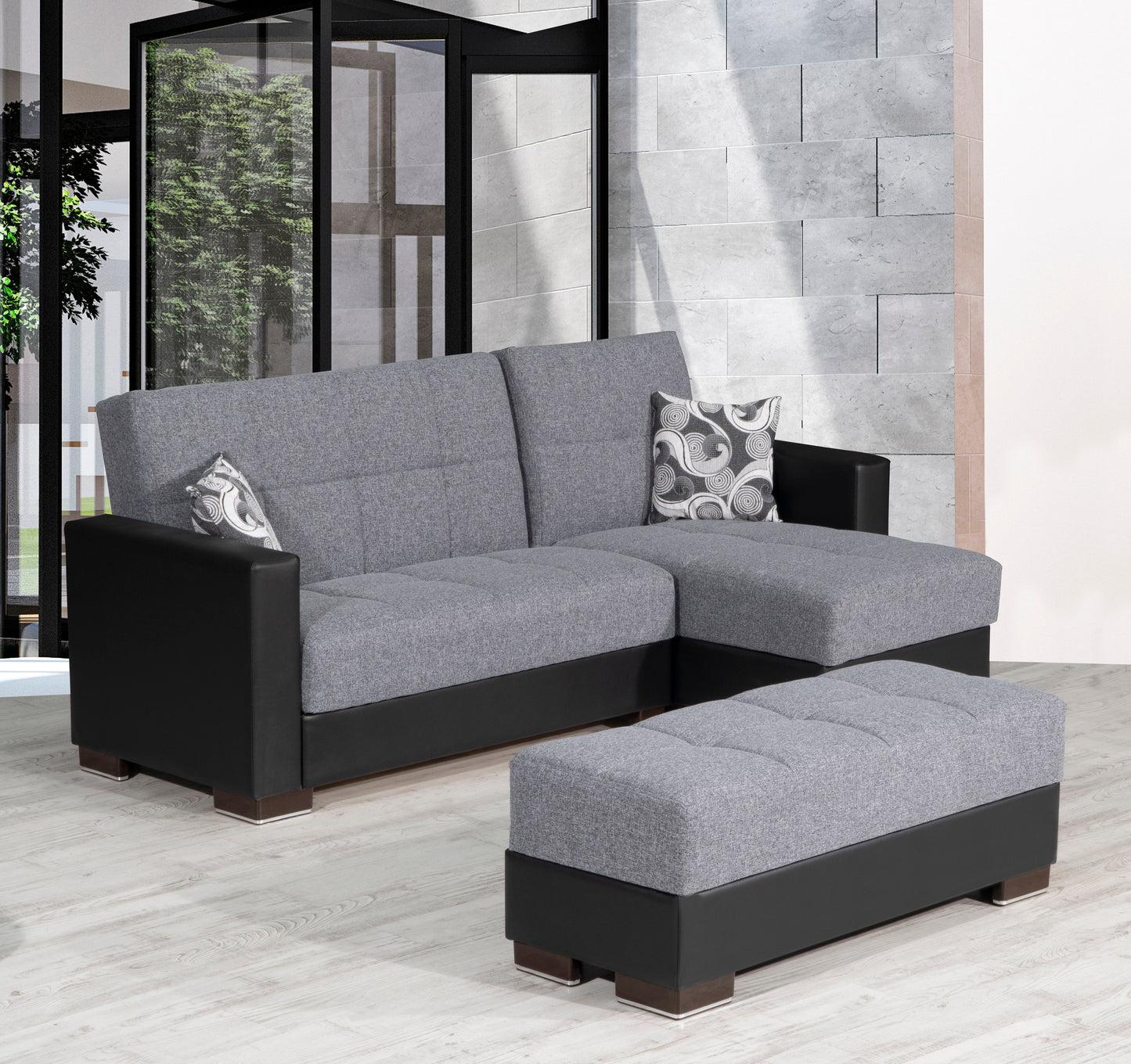 Ottomanson Armada - Upholstered Ottoman With Storage - Gray/Black PU Polyester