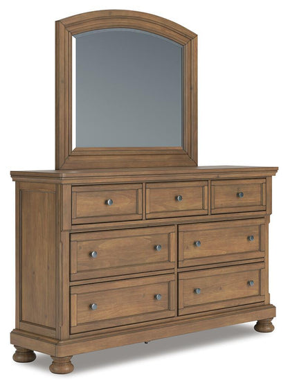 Feddinger - 5 Pc. - Queen Sleigh Storage Bed, Dresser, Mirror, Chest And Nightstand - Medium Brown