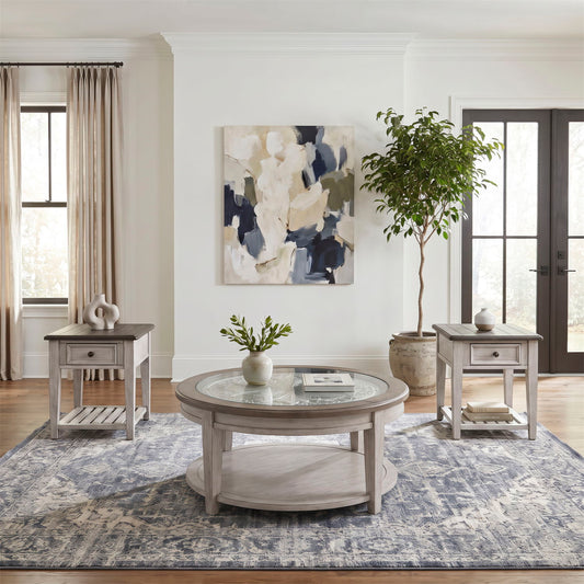 Heartland - 3 Piece Table Set (Round Table) - Antique White / Tobacco Tops