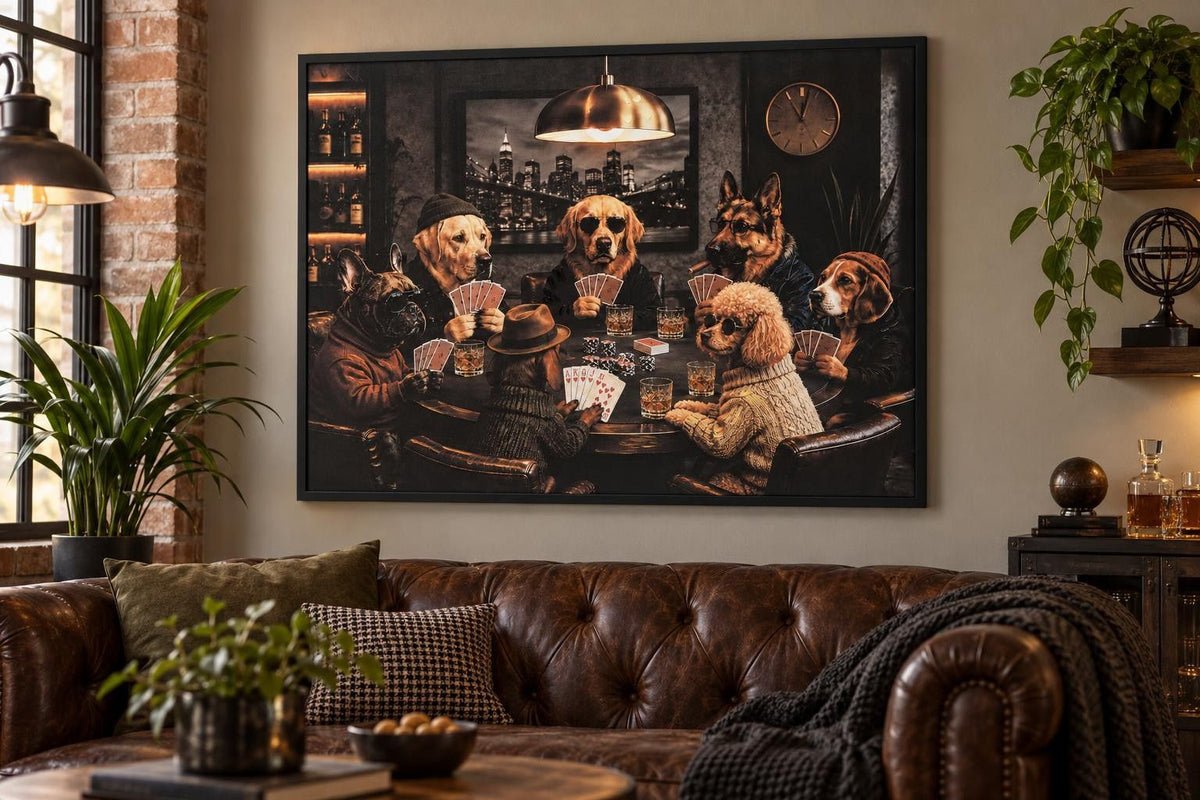 The Canine Card Club - 48 X 36 - Hand-Embellished Canvas In Frame - Black, Brown, Amber