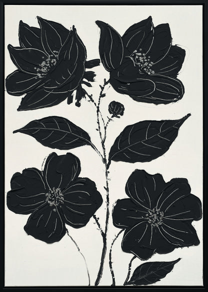 "Nocturnal Blooms I" Hand-Painted Canvas In Frame - Black