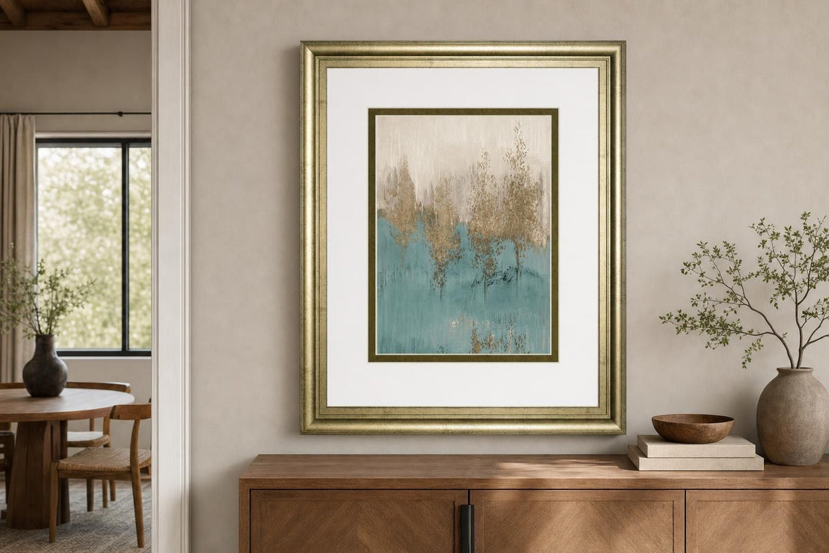 34x40 Through the Gold Trees Abstract II By LanieLoreth - Light Blue