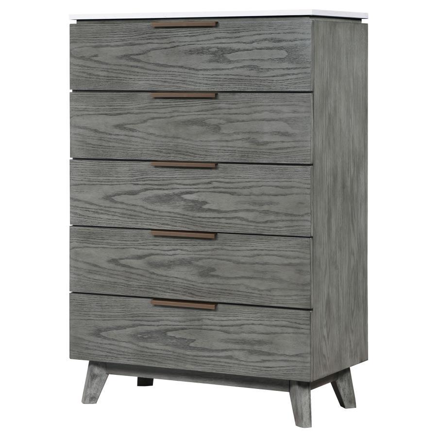 Nathan - 5-Drawer Chest - White Marble And Gray