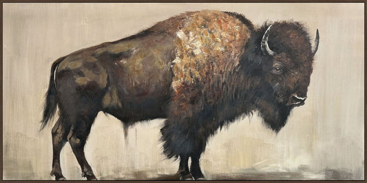 "Majestic Bison" Hand-Embellished Canvas In Frame - Brown / Earthy Tones