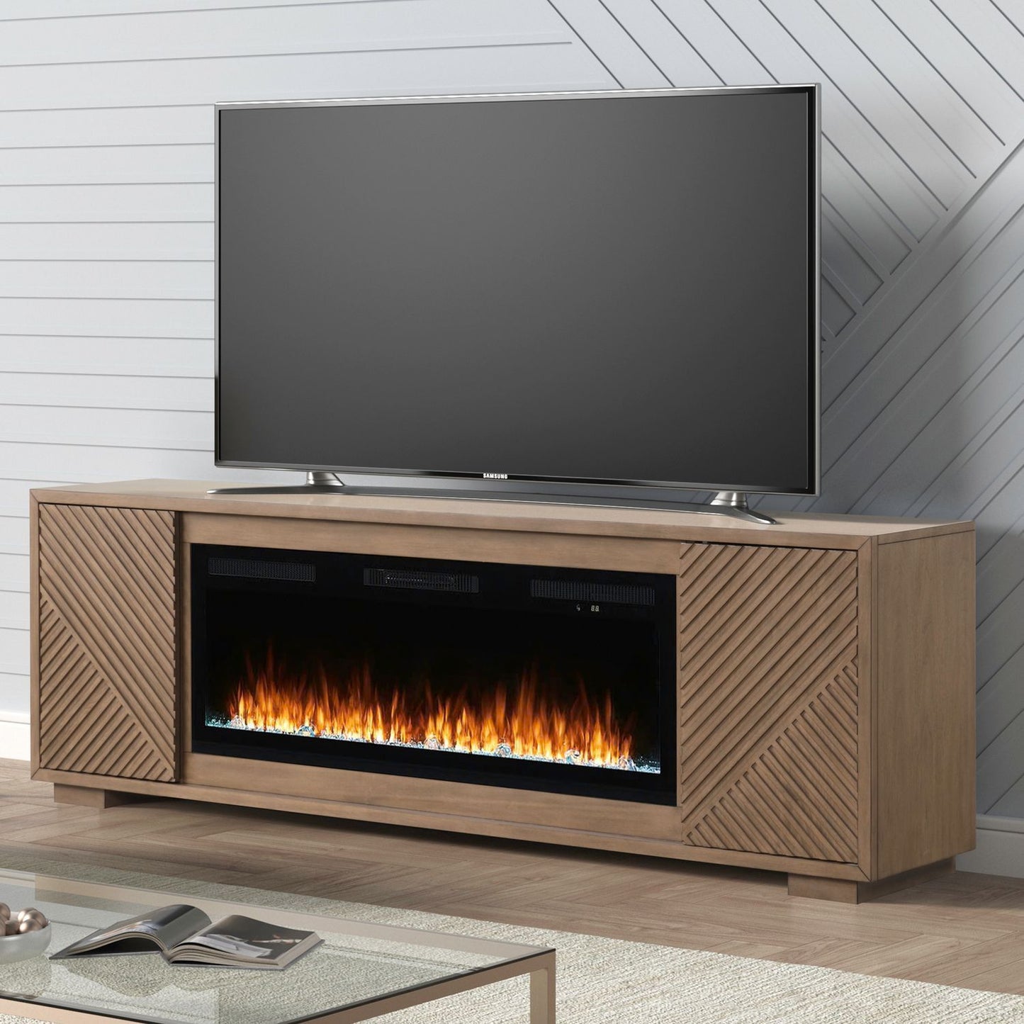 Fireplace TV Consoles - 214 84'' Console With Fire FTS Multiplees - Light Brown