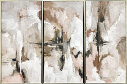 "Ethereal Reflections" Hand-Embellished Canvas Triptych In Frame - Neutral