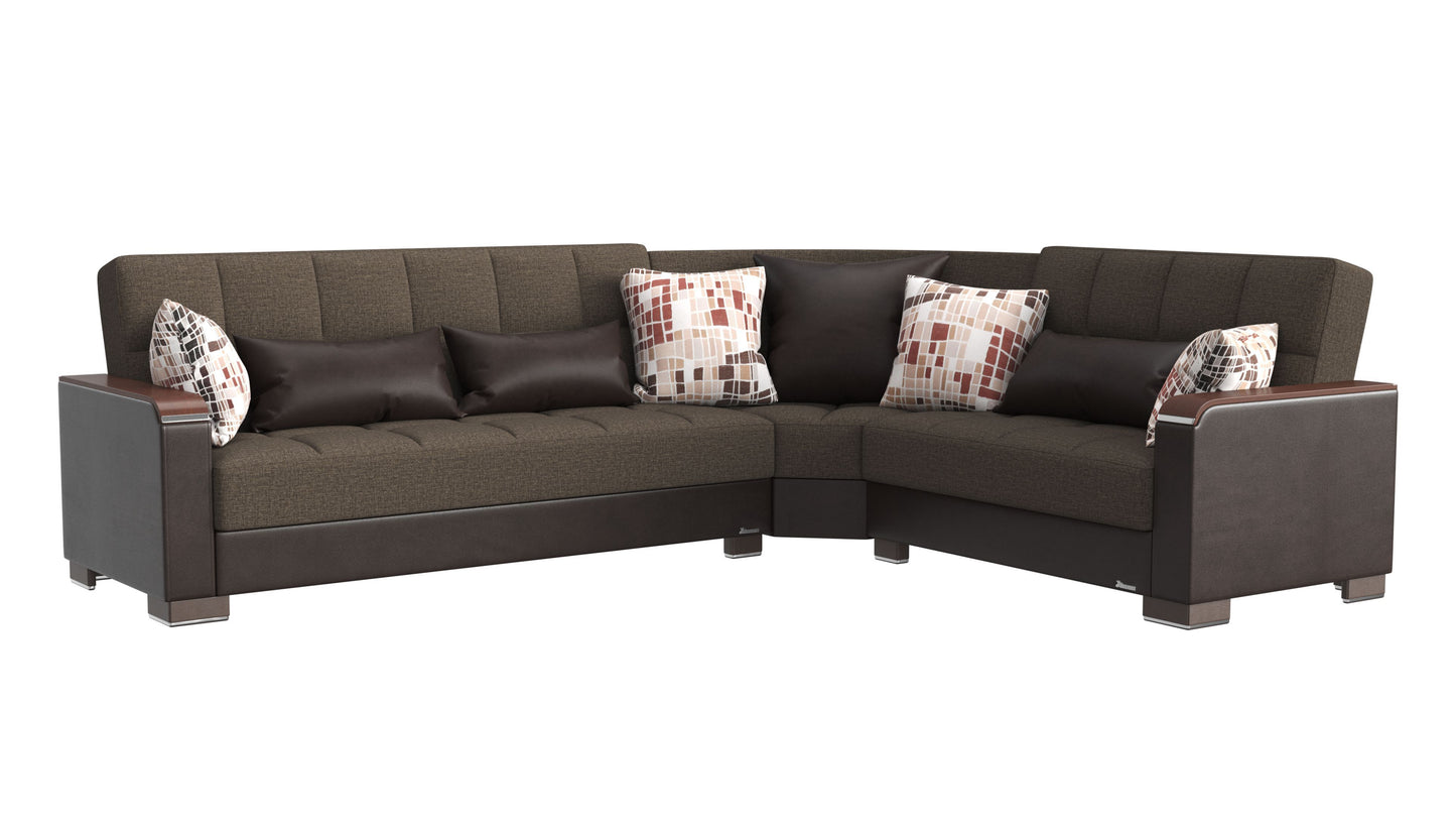 Ottomanson Armada X - Upholstered Convertible Wood Trimmed Sectional With Storage - Brown PU Polyester