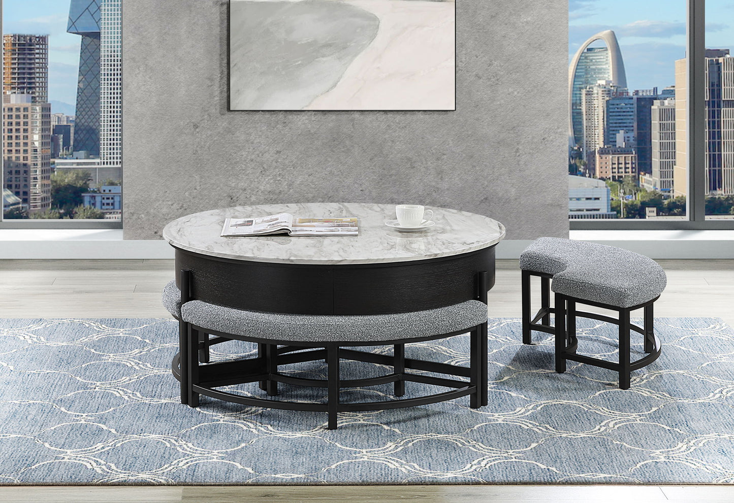 T42 - 4 Piece Living Room Set (Coffee Table With 3 Stools) - Black / Dark Gray
