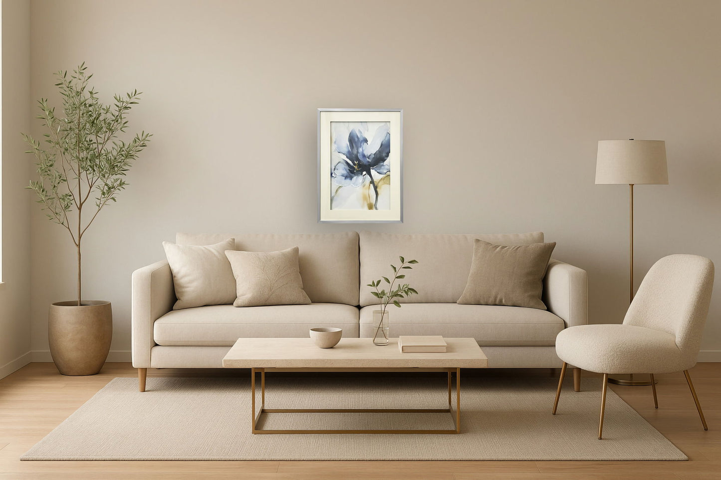 "Mystic Blossom" Hand-Embellished Framed Under Acrylic - Blue / Taupe / Silver