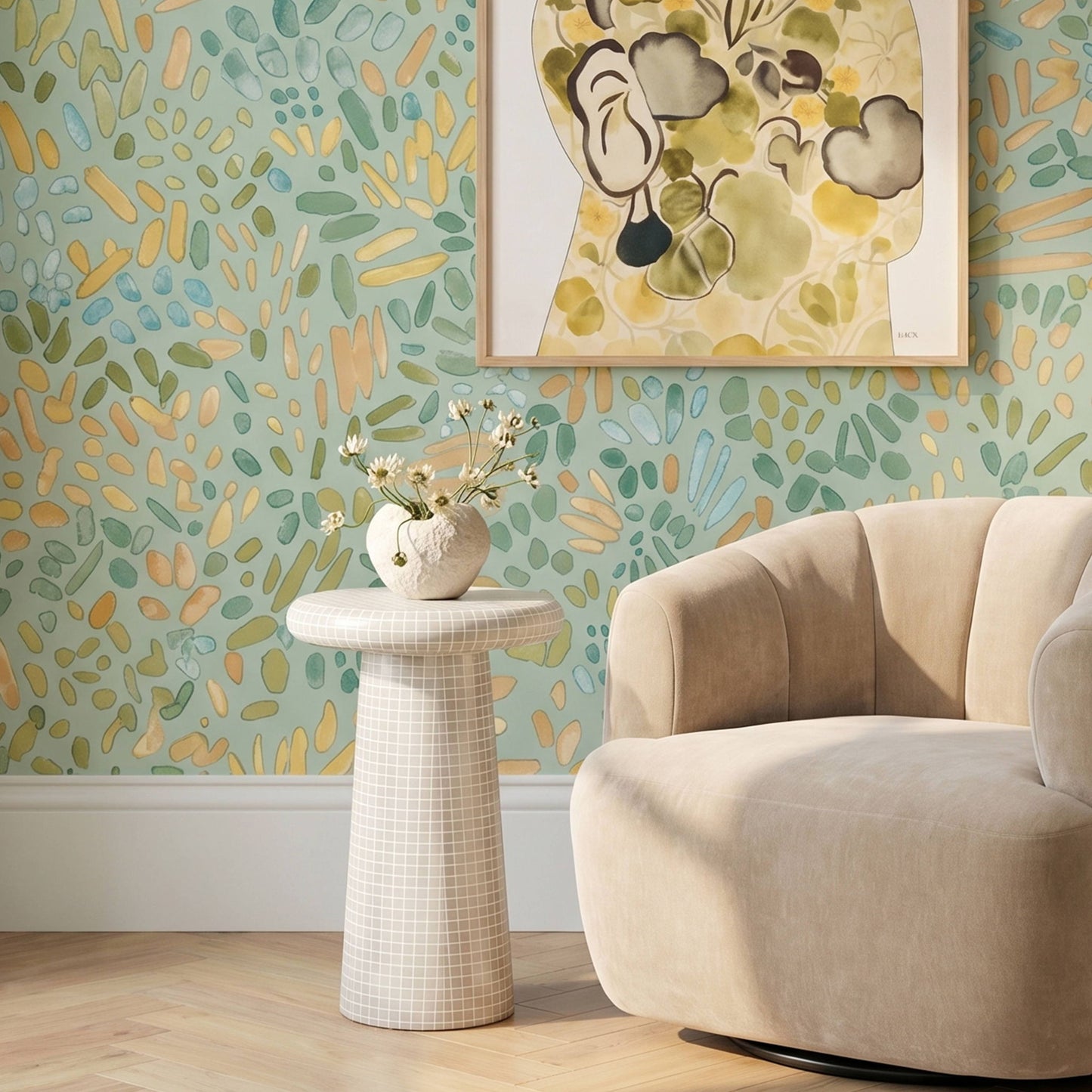 Monica - Tiled Pattern Tall Side Table - Beige