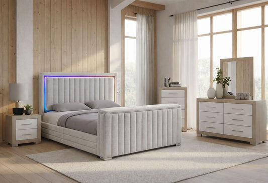 Elias - 5 Piece Queen Bedroom Set TV Footboard - Light Gray / Natural / White